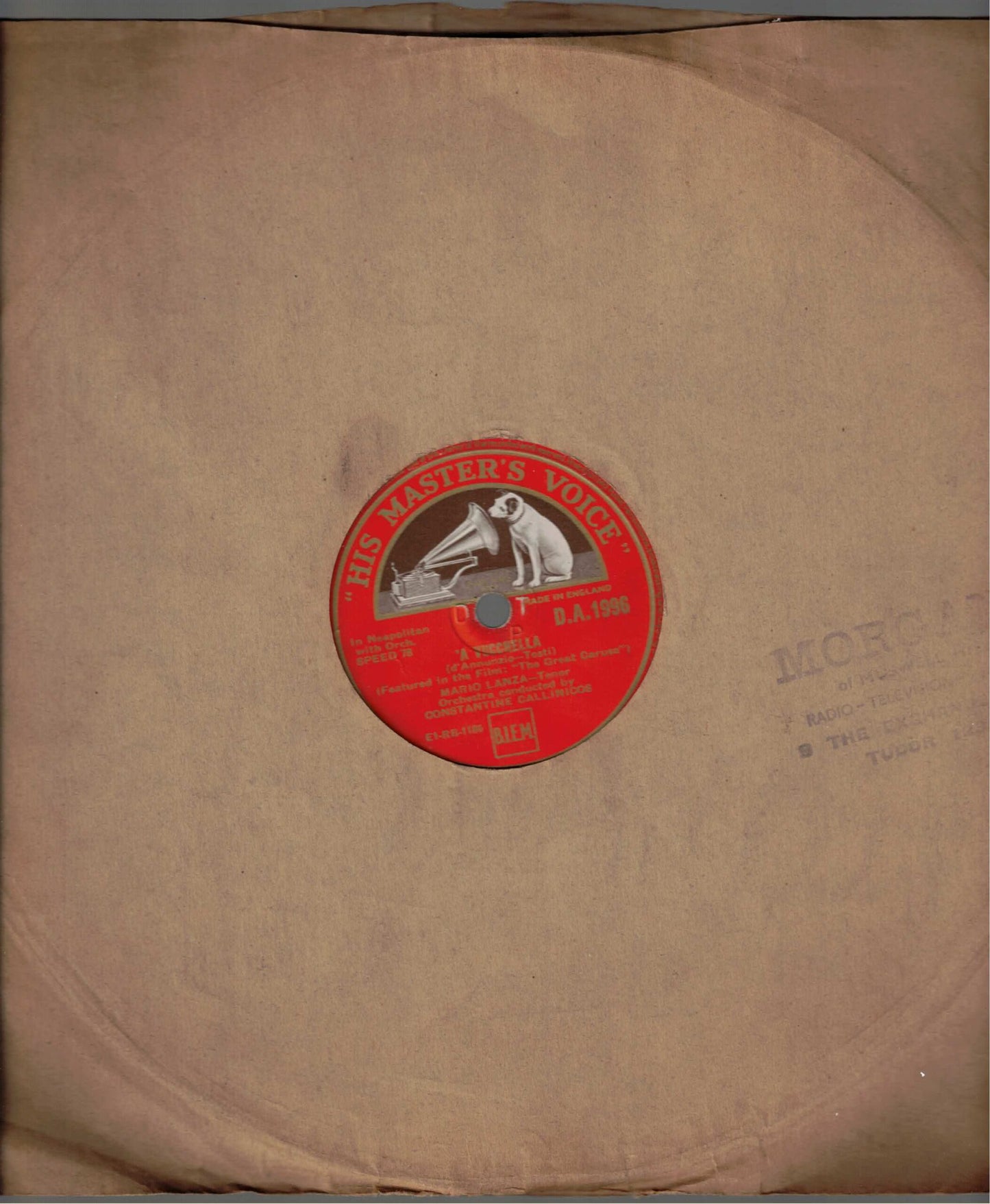 Mario Lanza A Vucchella Marechiare 78 RPM Shellac 10 inch Record