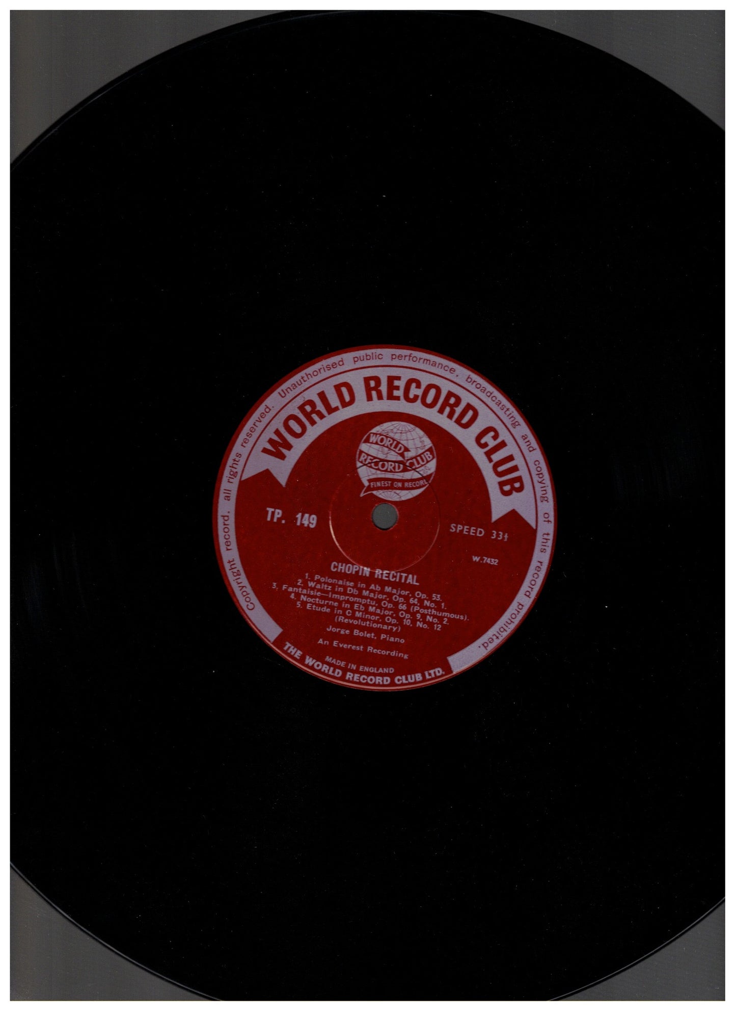 Chopin – Jorge Bolet LP – World Record Club TP 149 – UK Classical Vinyl – 33⅓ RPM
