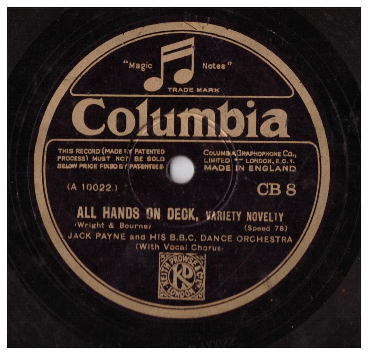 Vintage Jack Payne BBC Dance Orchestra 10" 78RPM Columbia Record CB 8 featuring All Hands On Deck and An Old Italian Love Song