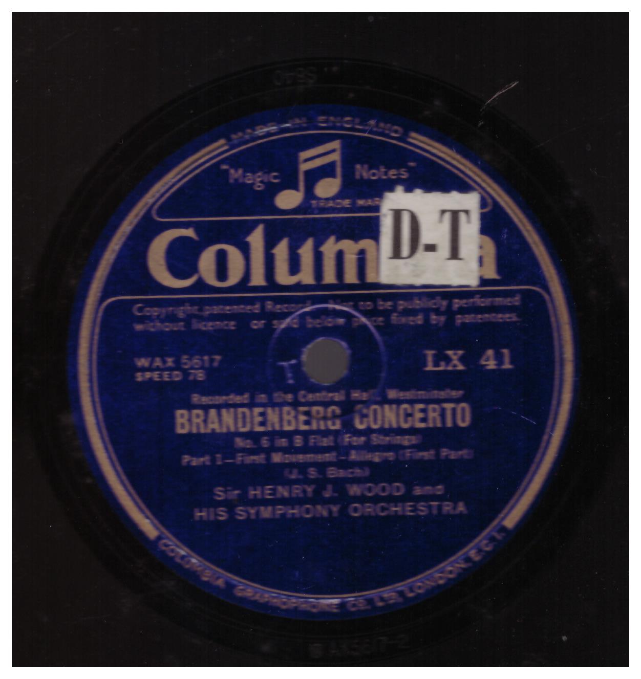 Bach: Brandenberg Concerto No. 6 In B Flat (For Strings) from Sir Henry J. Wood And His Symphony Orchestra from Columbia (LX 41)