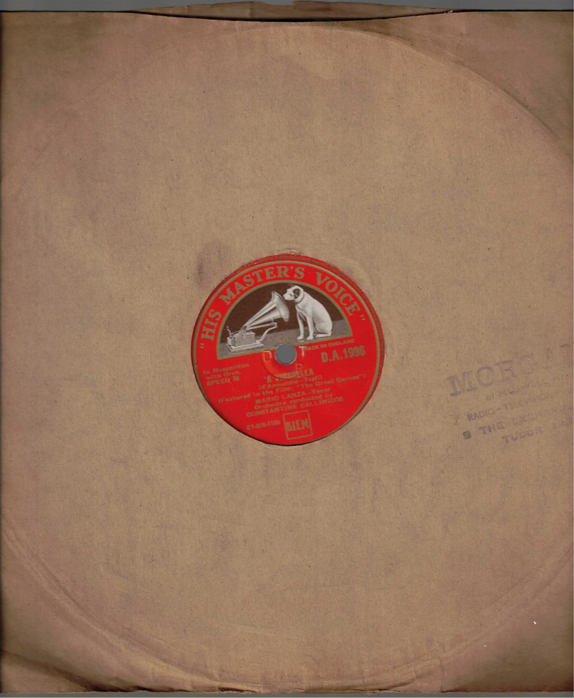 Mario Lanza A Vucchella Marechiare 78 RPM Shellac 10 inch Record