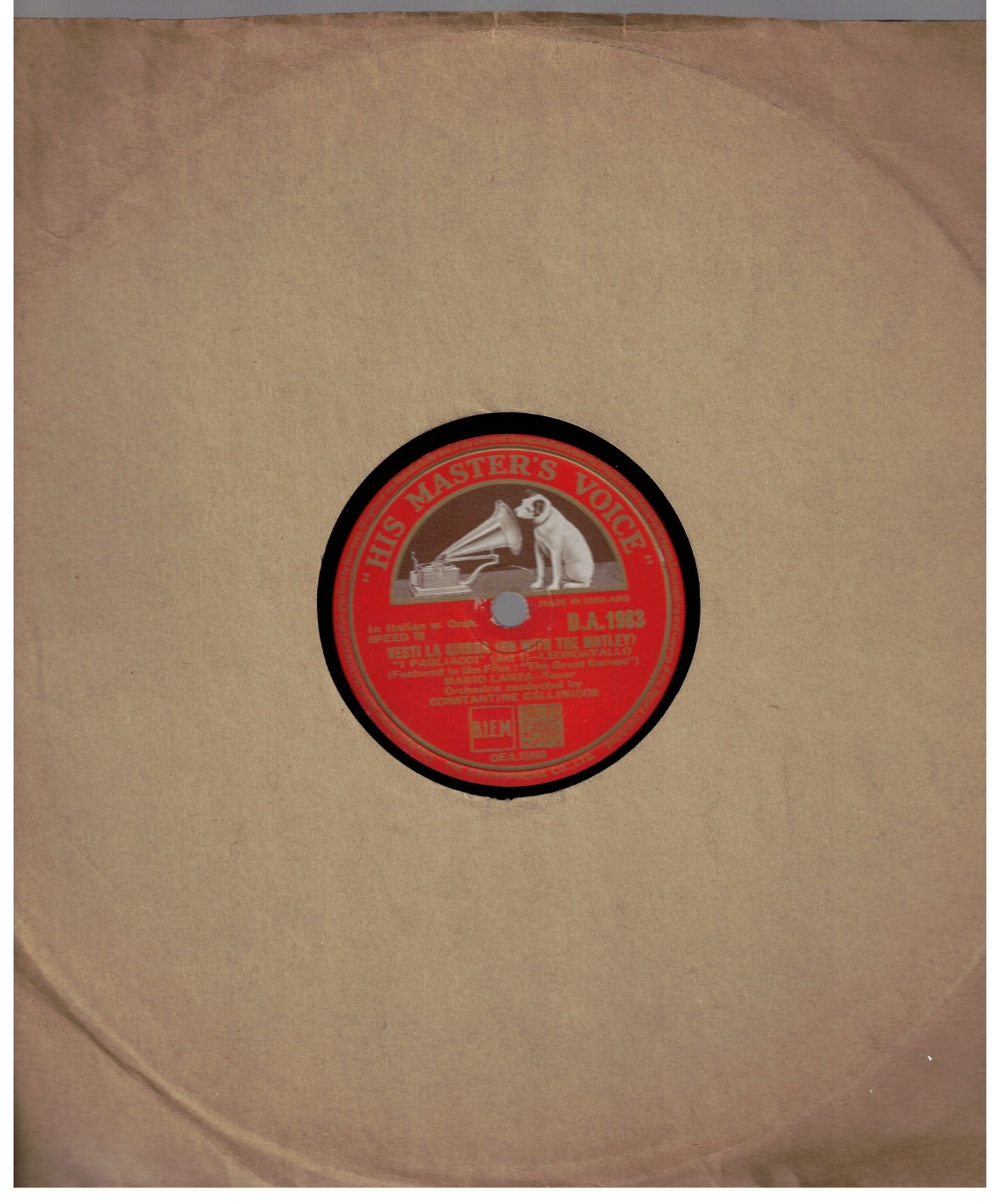 Original 1951 Mario Lanza 78 RPM Shellac E Lucevan Le Stelle Vesti La Giubba His Master's Voice