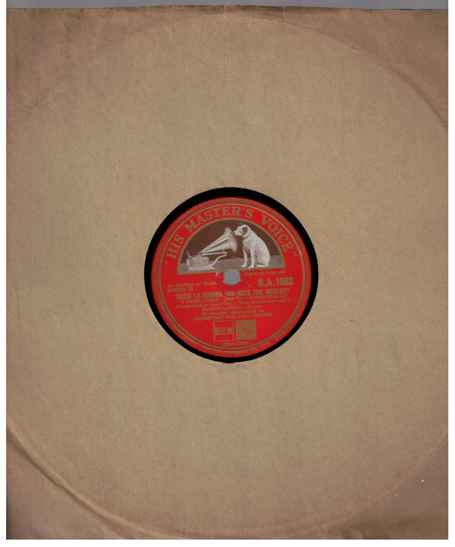 Original 1951 Mario Lanza 78 RPM Shellac E Lucevan Le Stelle Vesti La Giubba His Master's Voice