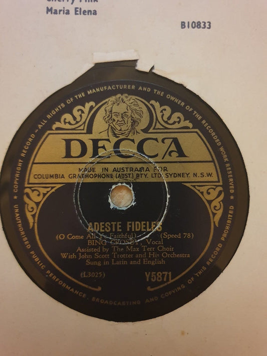 Vintage Bing Crosby 10" 78RPM Christmas Record Decca Y5871 featuring Adeste Fideles and Silent Night