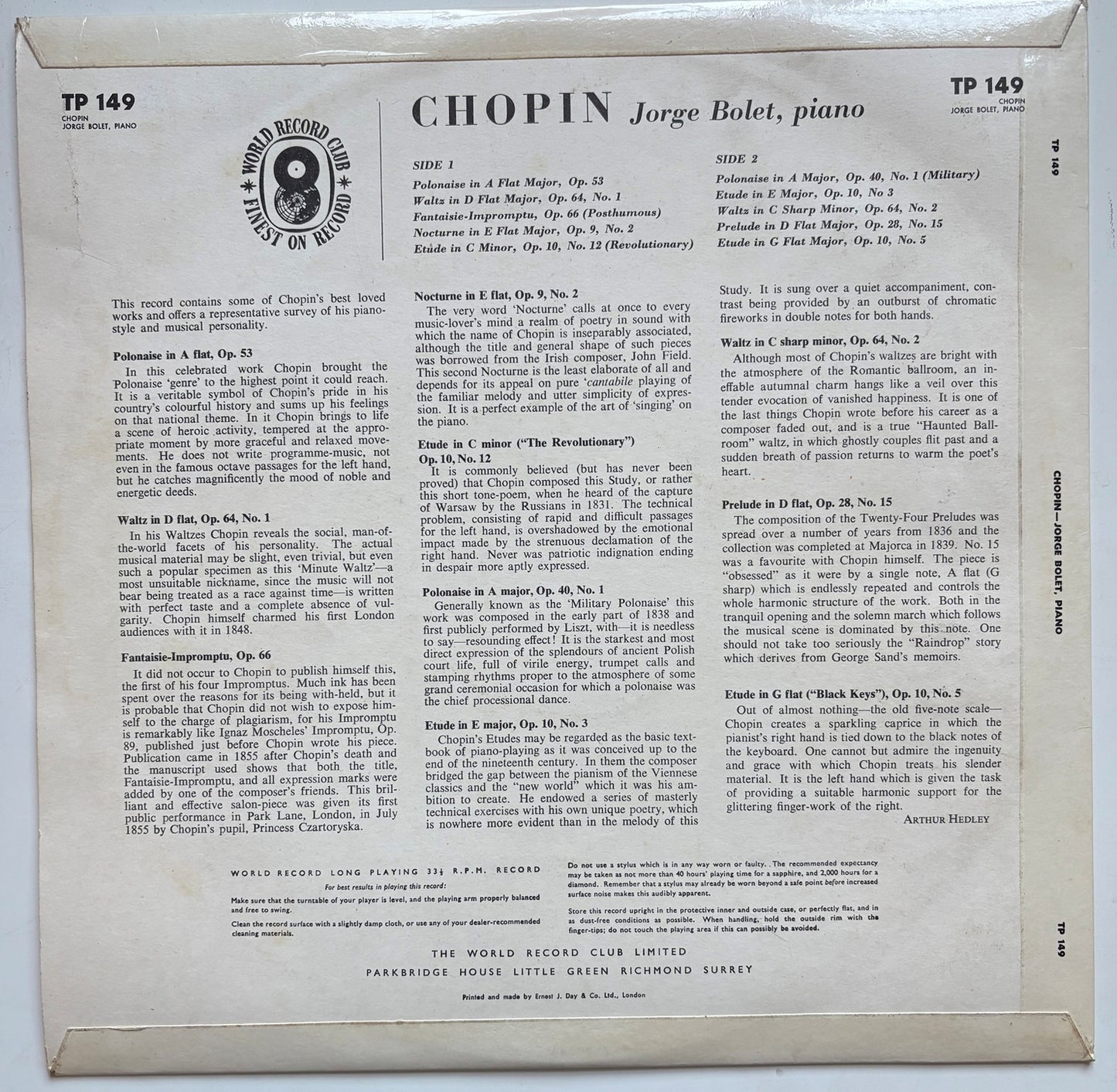 Chopin – Jorge Bolet LP – World Record Club TP 149 – UK Classical Vinyl – 33⅓ RPM