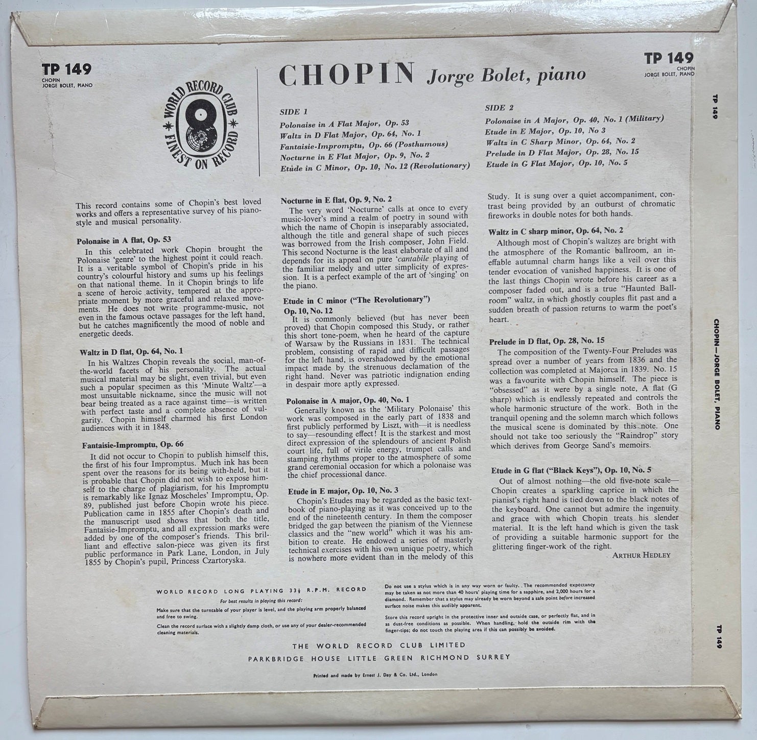 Chopin – Jorge Bolet LP – World Record Club TP 149 – UK Classical Vinyl – 33⅓ RPM