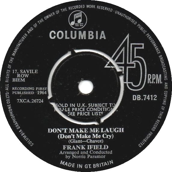 7" 45RPM Don't Make Me Laugh (Don't Make Me Cry)/Without You (Tres Palabras) by Frank Ifield from Columbia