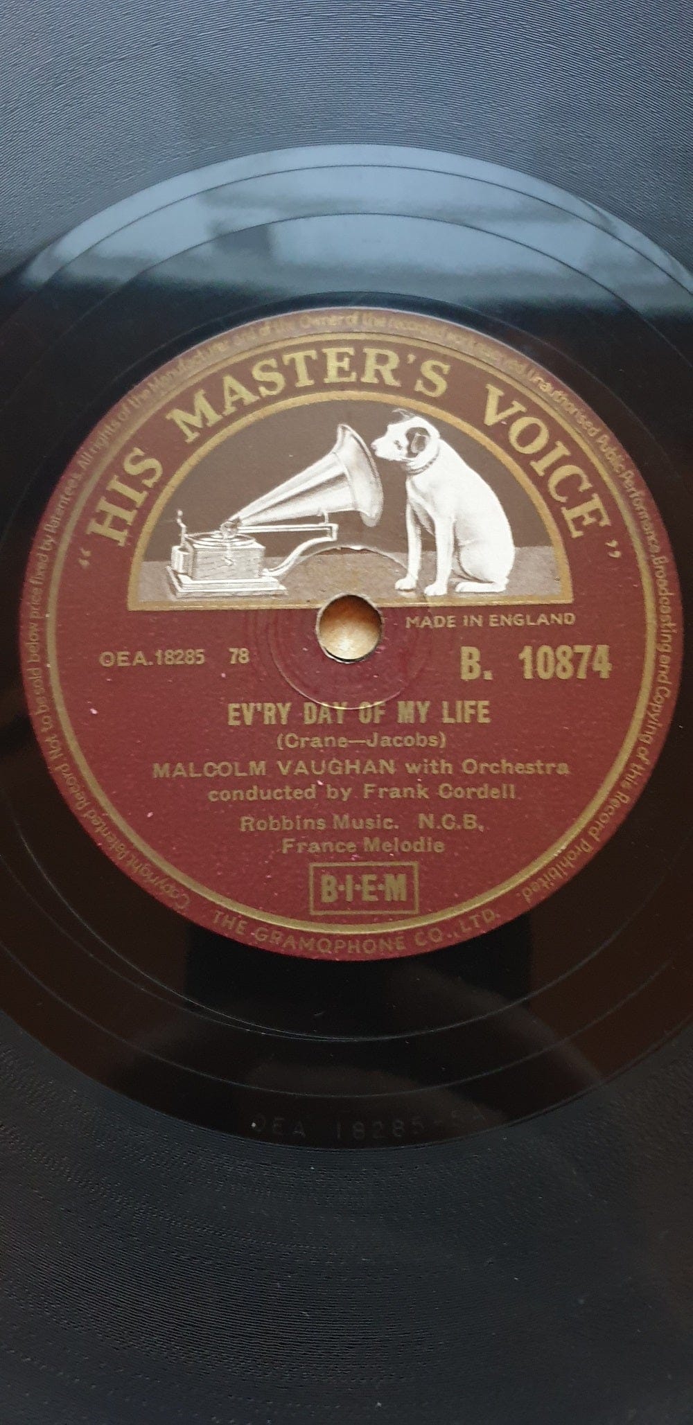 10" 78RPM Ev'ry Day Of My Life/Mama by Malcolm Vaughan from His Master's Voice (B. 10874)