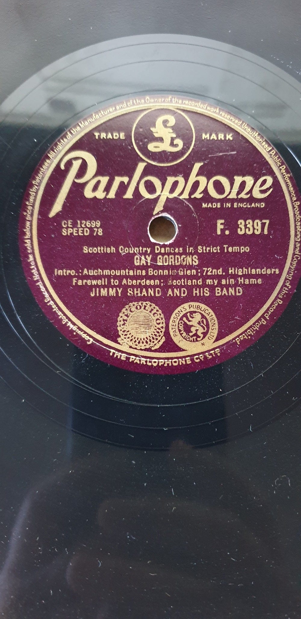 10" 78RPM Gay Gordons/Waltz Country Dance by Jimmy Shand And His Band from Parlophone (F. 3397)