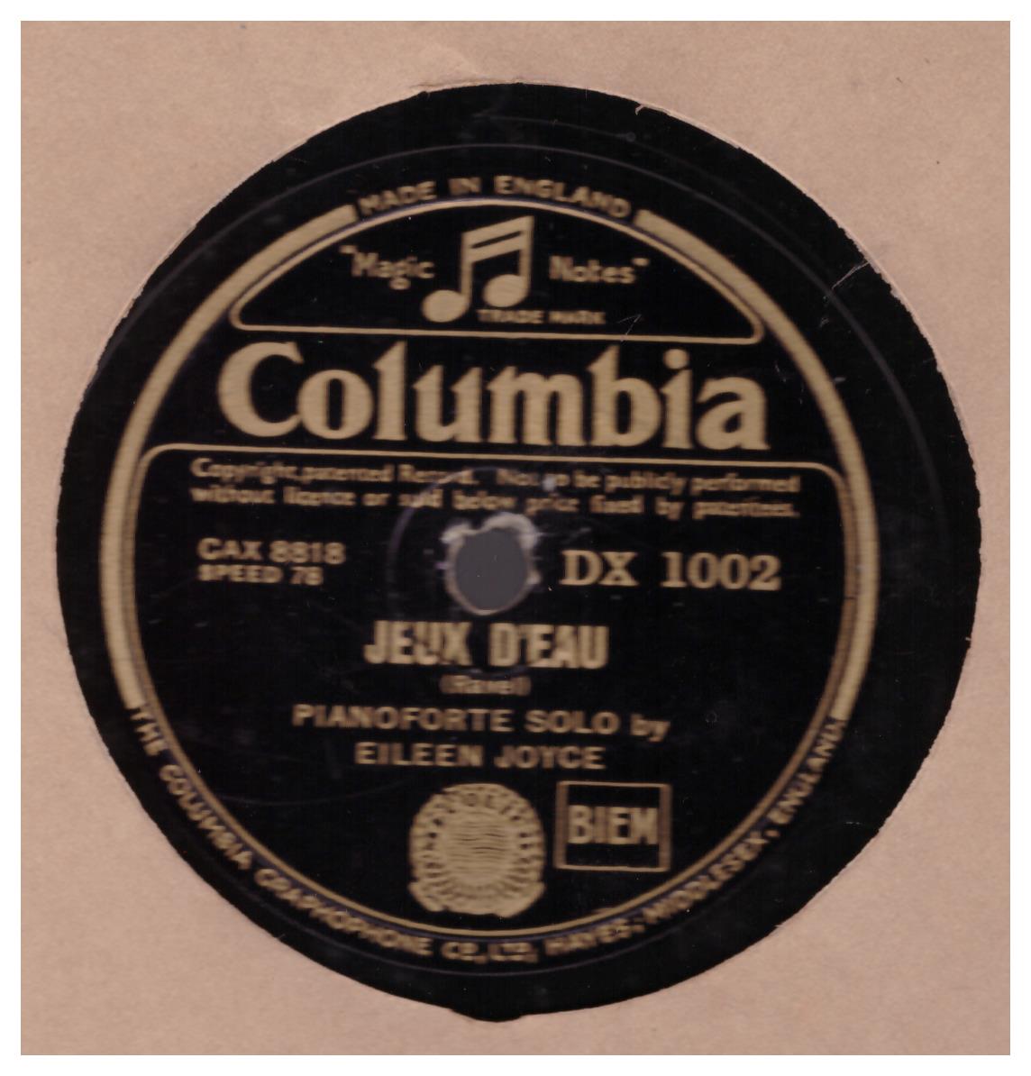 Jeux D'eau/Etude In E Major by Eileen Joyce from Columbia (DX 1002)