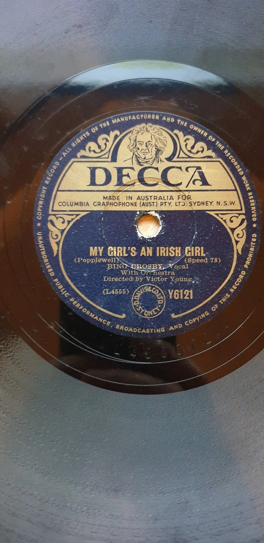 10" 78RPM My Girl's An Irish Girl/Galway Bay by Bing Crosby from Decca (Y6121)