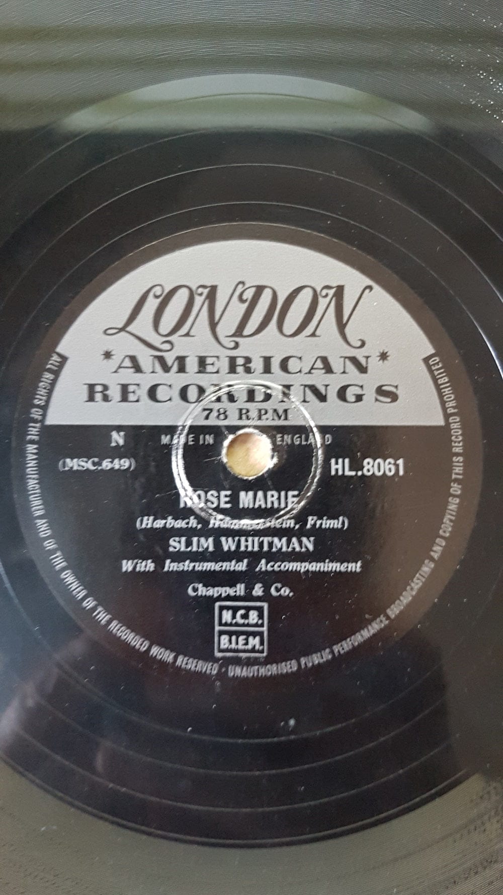 10" 78RPM Rose Marie/We Stood At The Altar by Slim Whitman from London American Recordings (HL.8061)