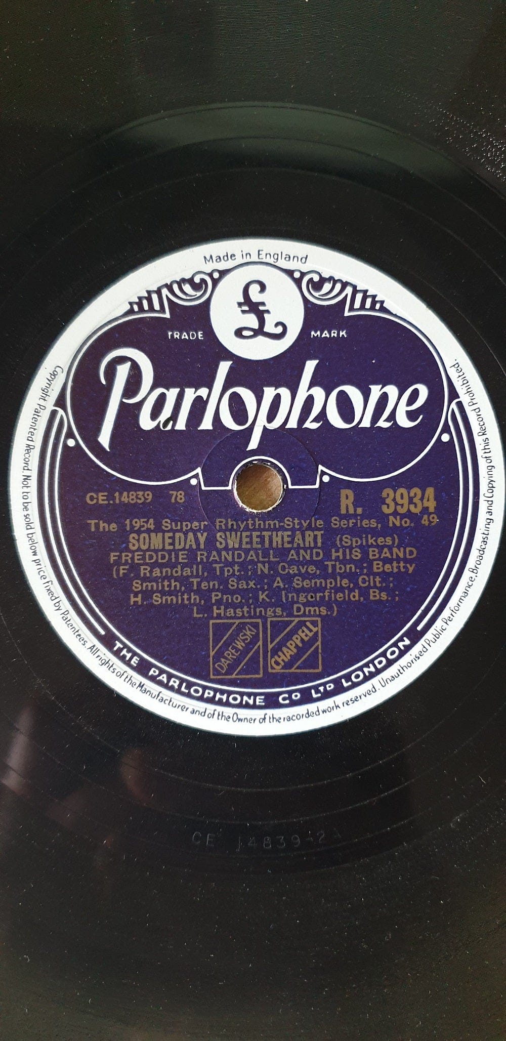 Freddie Randall And His Band 10" 33RPM Parlophone shellac record R. 3934 Someday Sweetheart and Hotter Than That jazz classics