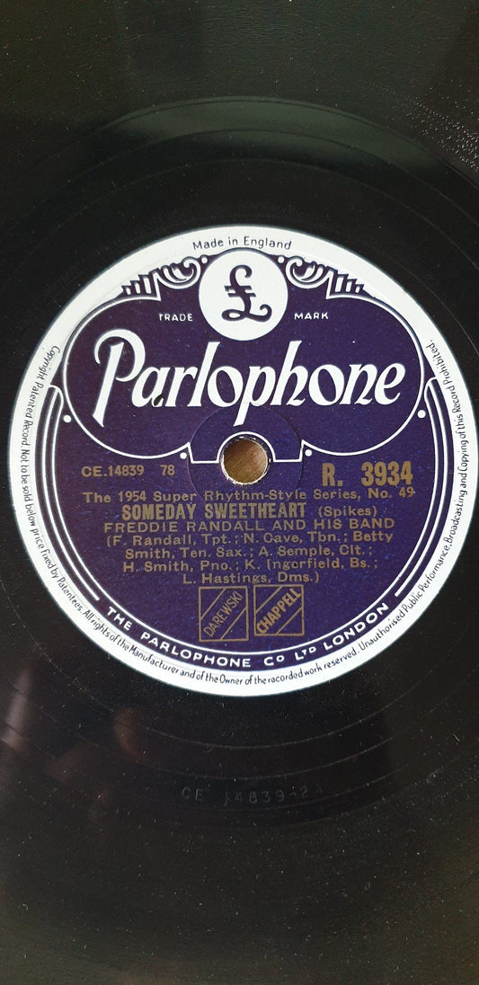 Freddie Randall And His Band 10" 33RPM Parlophone shellac record R. 3934 Someday Sweetheart and Hotter Than That jazz classics