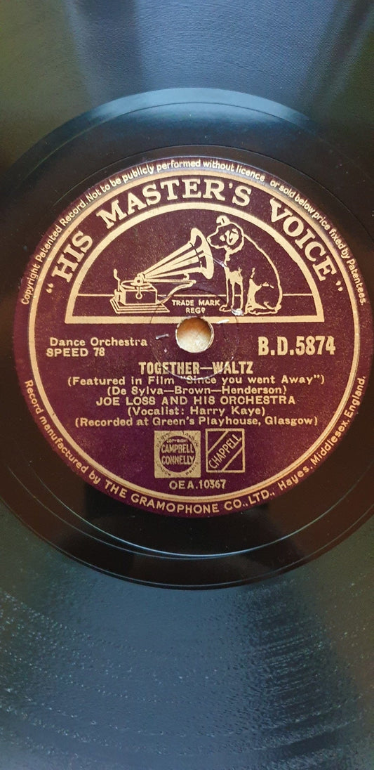 10" 78RPM Together/My Beautiful Sarie Marais by Joe Loss And His Orchestra from His Master's Voice (B.D.5874)