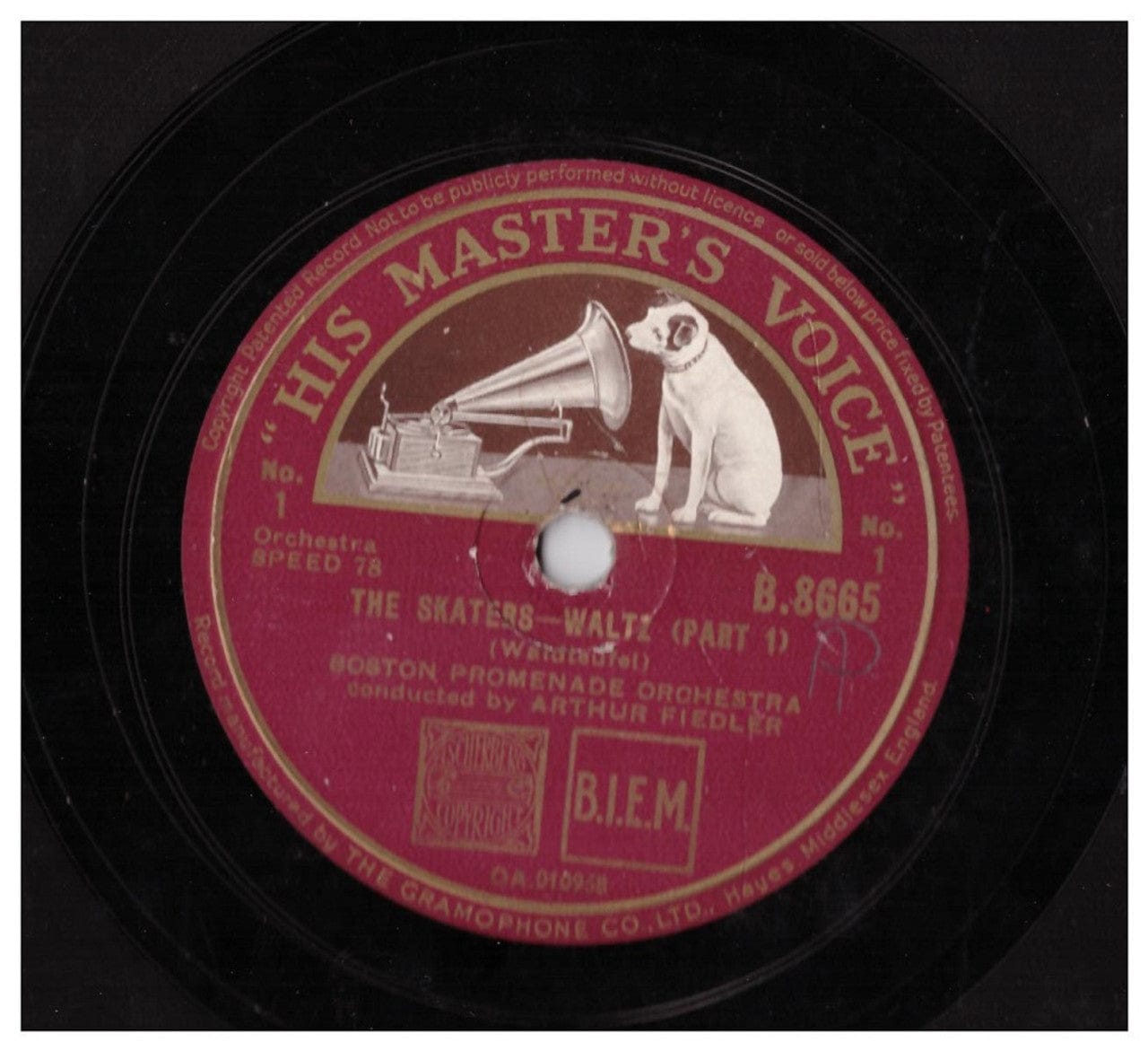 10" 78RPM The Skaters -  Waltz (Part 1)/The Skaters -  Waltz (Conclusion) by Boston Promenade Orchestra from His Master's Voice (B.8665)
