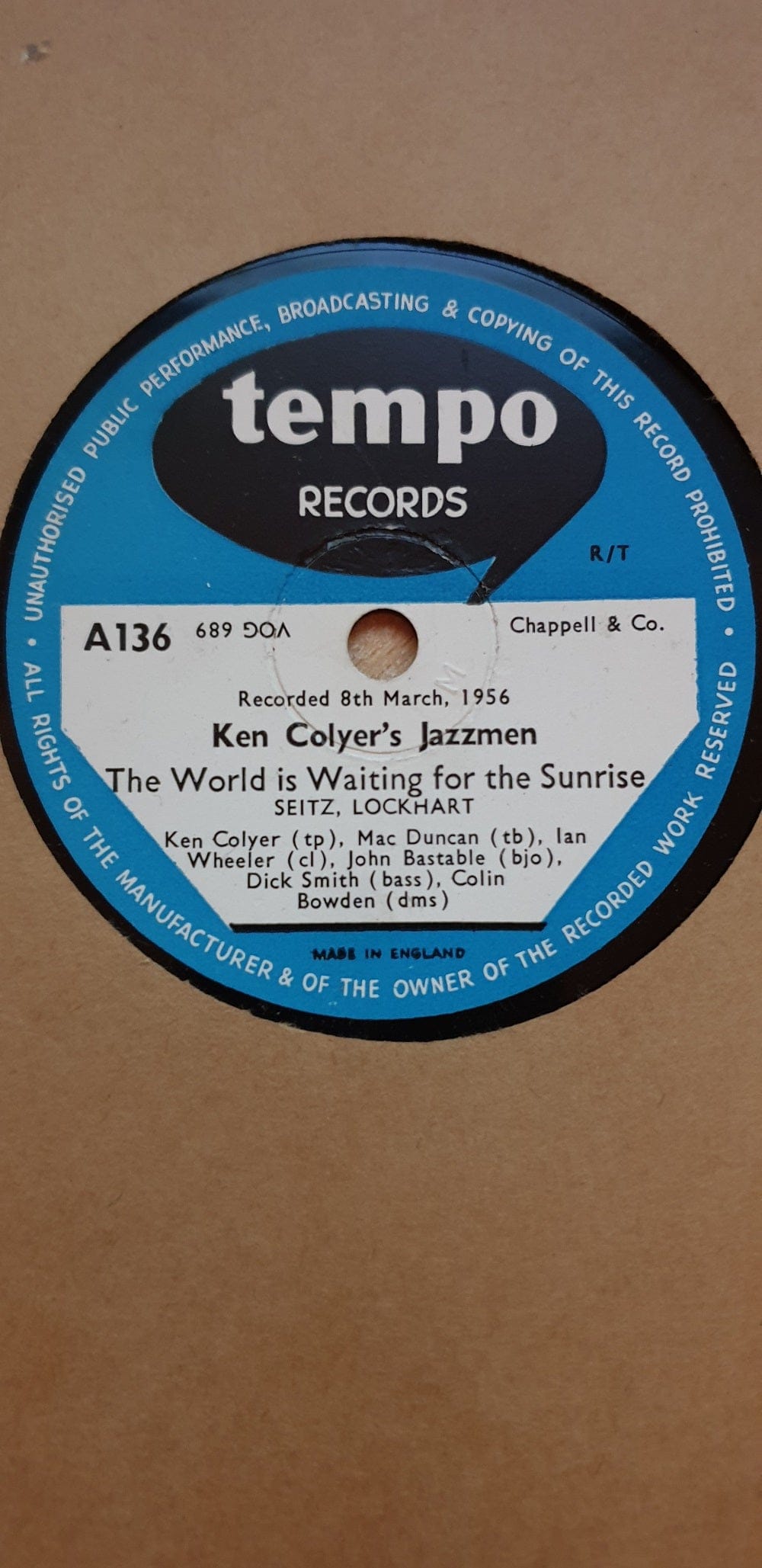 10" 78RPM The World Is Waiting For The Sunrise/Maryland, My Maryland by Ken Colyer's Jazzmen from Tempo (A136)