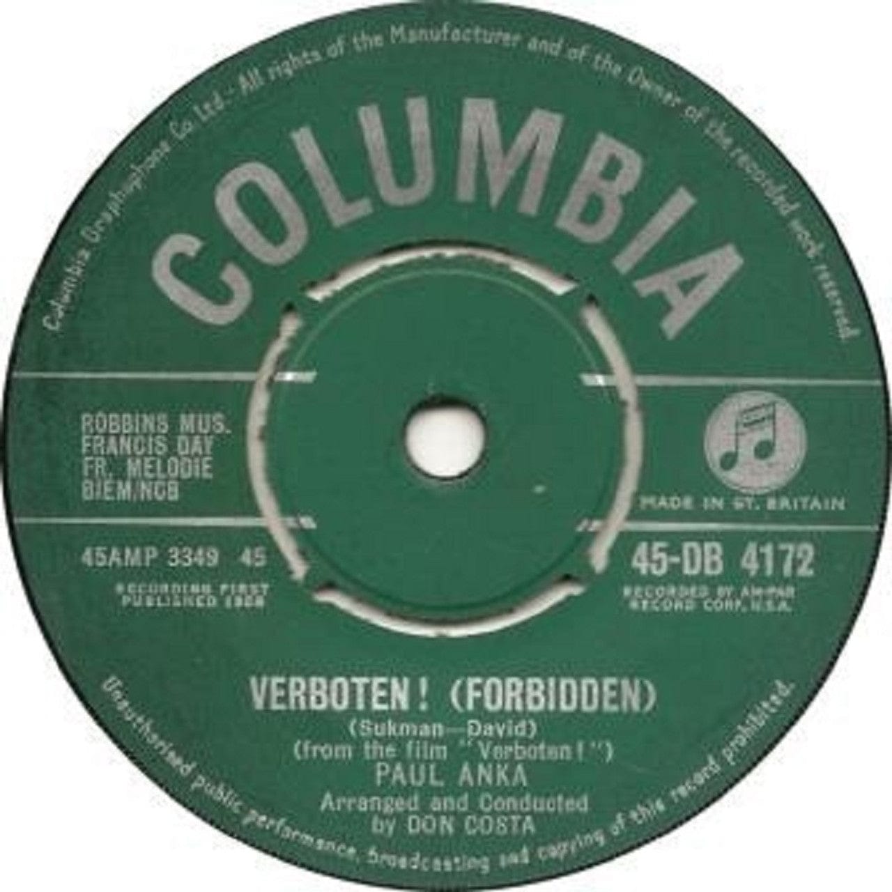 Paul Anka Verboten (Forbidden) vinyl record Columbia 45-DB 4172