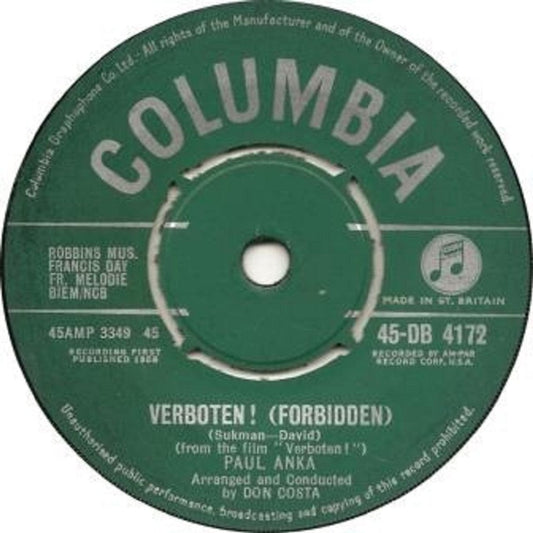 Paul Anka Verboten (Forbidden) vinyl record Columbia 45-DB 4172
