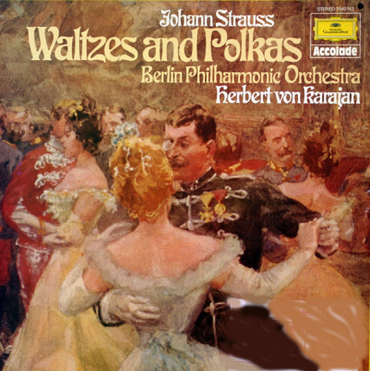 Waltzes and Polkas by Johann Strauss vinyl cover, Berlin Philharmonic Orchestra performing Johann Strauss, Deutsche Grammophon vintage classical music album