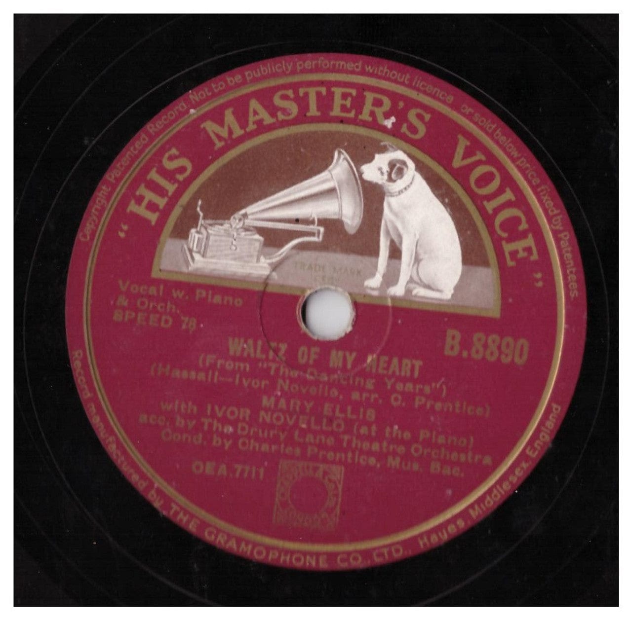 10" 78RPM Waltz Of My Heart/I Can Give You The Starlight by Mary Ellis With Ivor Novello from His Master's Voice (B.8890)