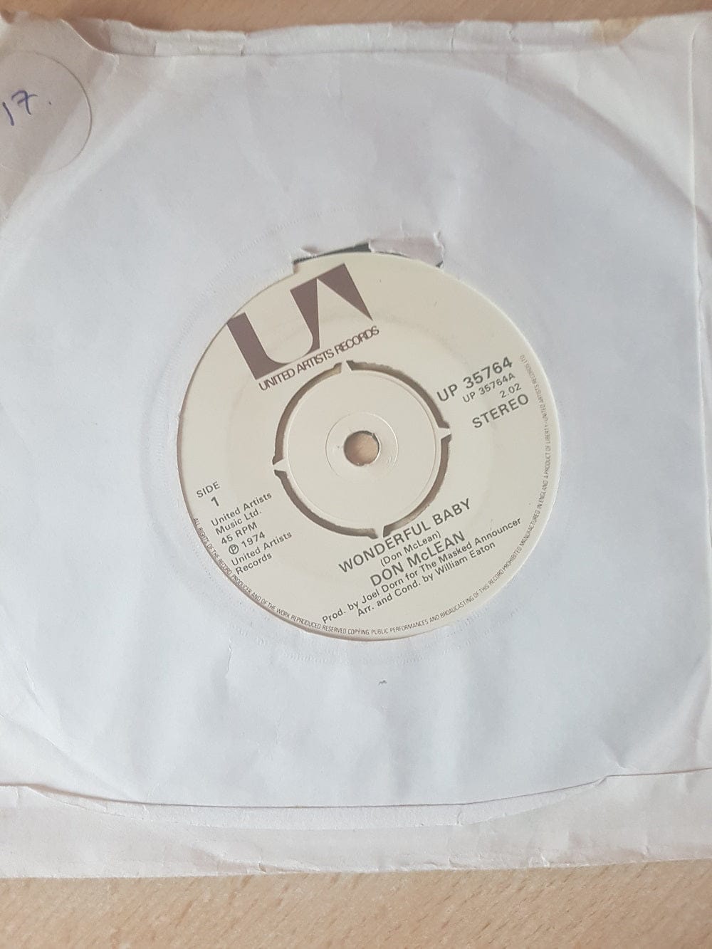 7" 45RPM Wonderful Baby/Homeless Brother by Don McLean from United Artists Records (UP 35764)