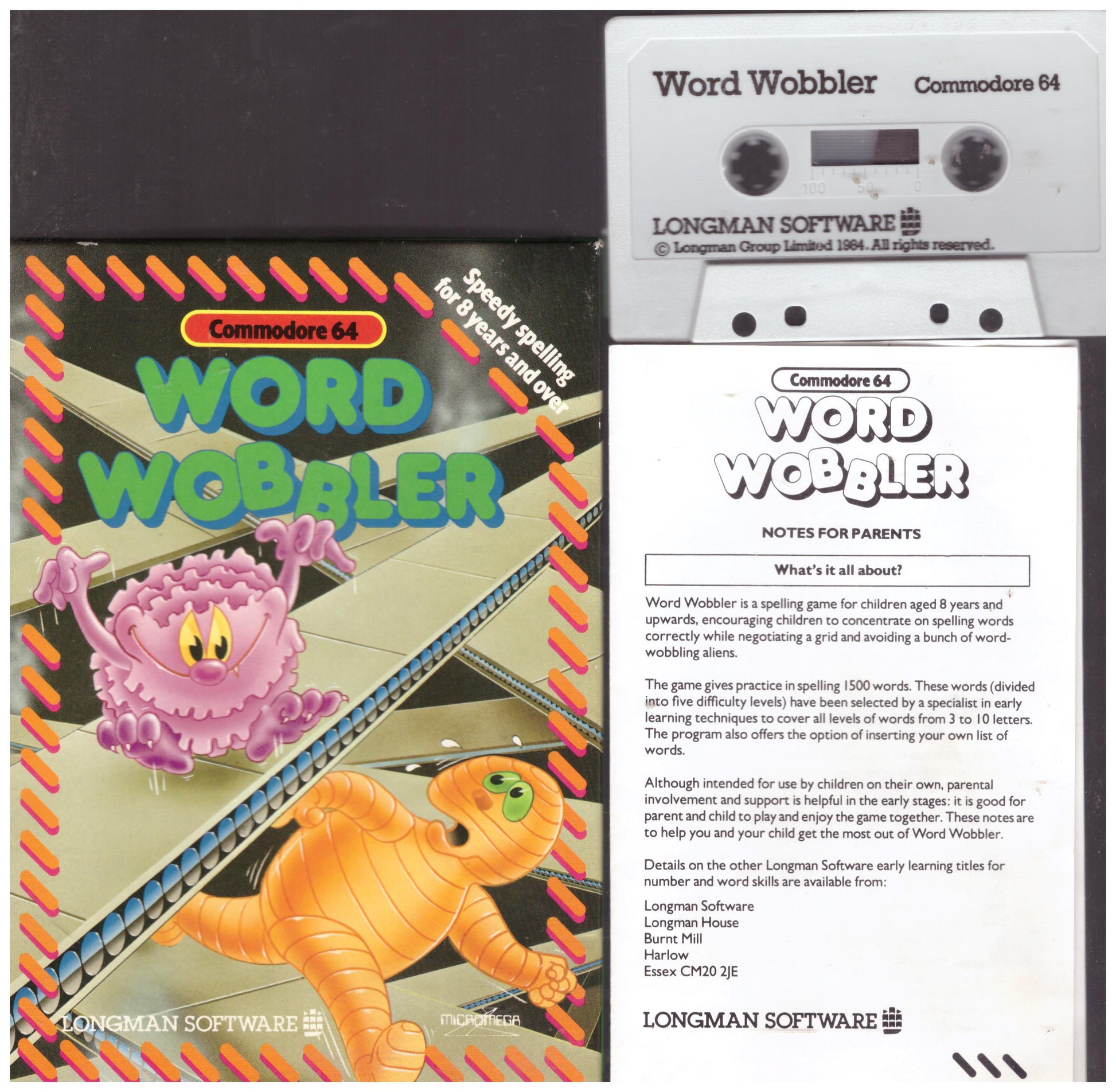 Word Wobbler for Commodore 64 by Longman Software featuring educational game elements.